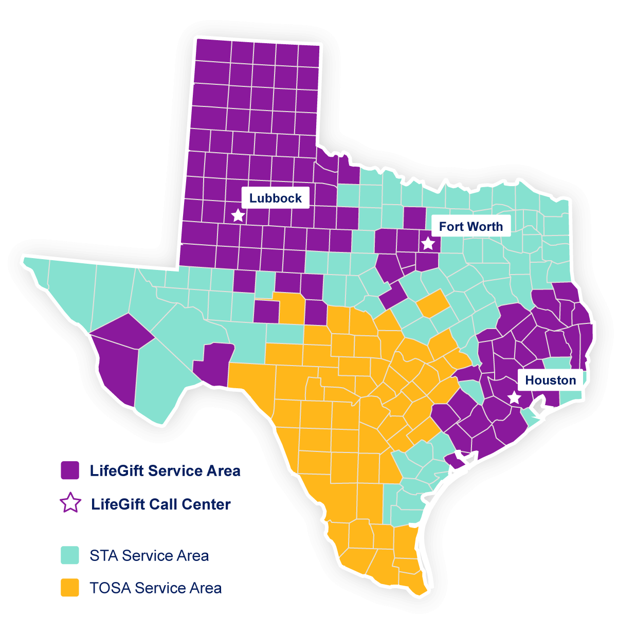 Mapa de Texas que indica las áreas de servicio de LifeGift